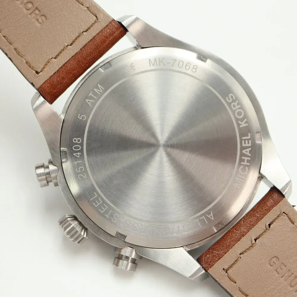 Michael Kors Hangar Mens 45mm Chronograph Watch Brown Leather MK7068 New Battery